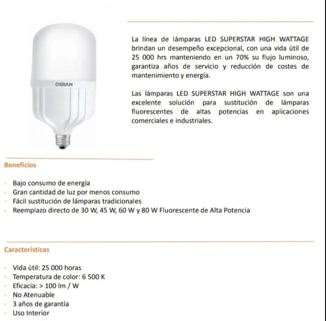 FOCO LED SUPERSTAR HIGH WATTAGE 80W 6500K 220V OSRAM LEDVANCE