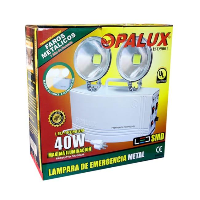 LAMPARA DE EMERGENCIA DE METAL 9808UL  LED SMD ULTRABRILLANTES 40WATTS DOS FAROS BATERIA 12V 7AH 360D OPALUX