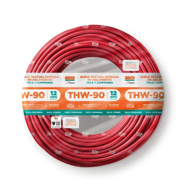 Cable eléctrico Indeco 12AWG THW-90 750V PVC estriado rojo para instalaciones
