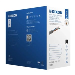 Bobina de cable UTP Cat 6 de 4 pares calibre 23 AWG, cubierta LSZH, longitud 305 metros, color gris, marca Dixon, utilizado para redes de datos estructuradas de alta velocidad.