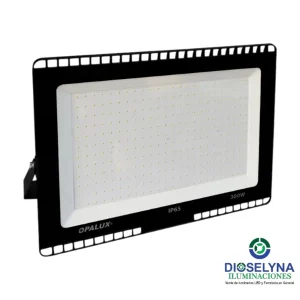 Reflector LED tipo slim de 300W, luz blanca fría 6500K, protección IP65, rango de voltaje AC85-265V, marca Opalux, utilizado para iluminación exterior de alta potencia.