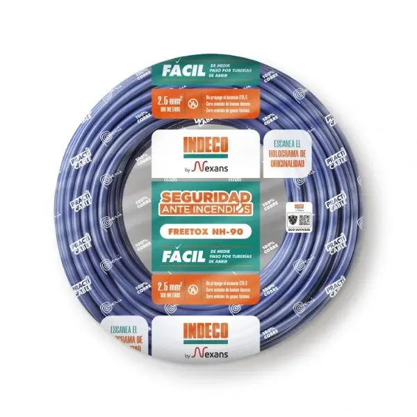 Cable eléctrico Indeco tipo LH de 2.5 mm color azul en rollo de 100 metros, ideal para instalaciones eléctricas residenciales, comerciales e industriales.