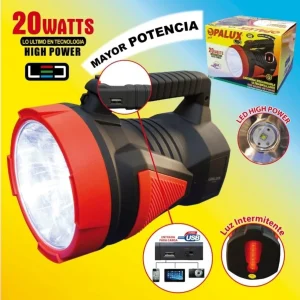 LINTERNA LED 20W RECARGABLE CON BANCO DE PODER BATERIA 4V 7AMP. ALCANCE 280 MTS (1600 LUMINES) OPALUX