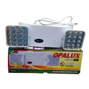 Lámpara de emergencia recargable marca Opalux modelo 9707UL con 24 luces LED blancas, dos paneles de iluminación giratorios, botón de prueba y carcasa plástica blanca, diseñada para montaje en pared y uso durante cortes de energía